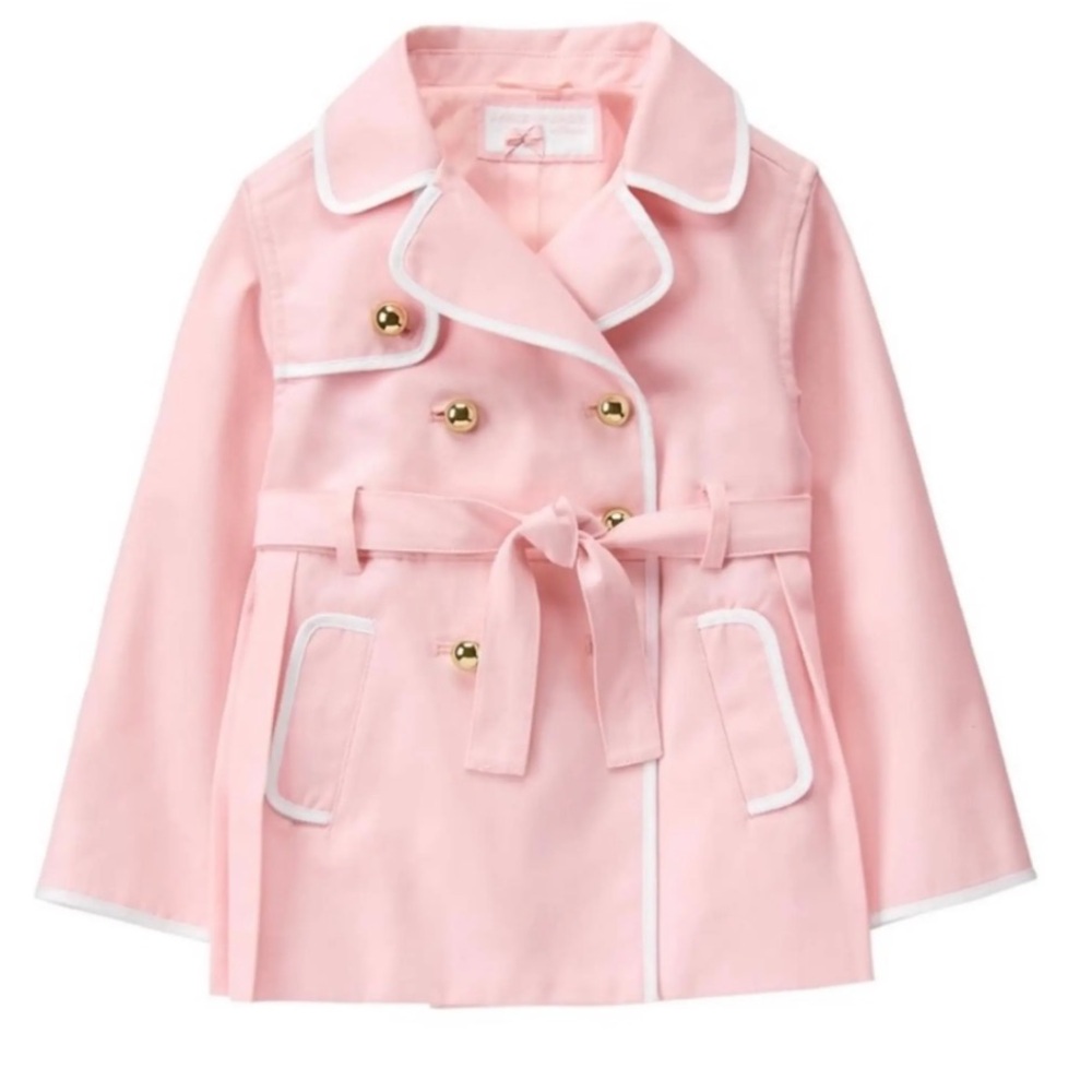Janie and Jack Pink Double-Breasted Belted Pea Coat with White Trim Gold Buttons